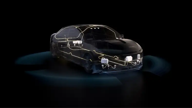 Transparent car diagram showing glowing internal wiring, sensor nodes, and electronics on a dark background